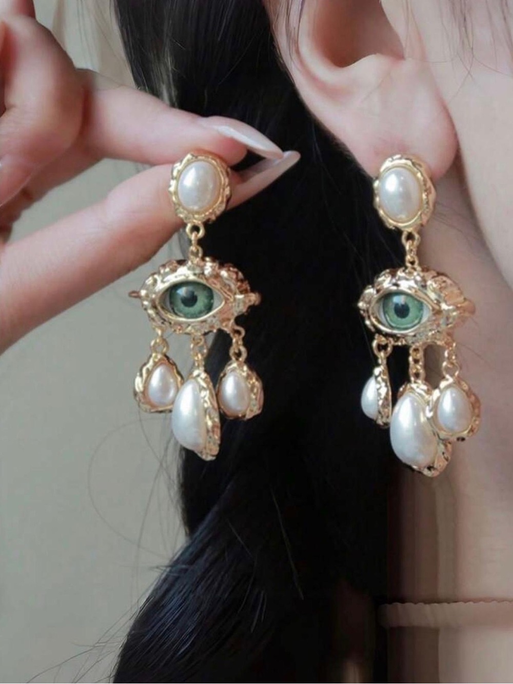 Evil Eye Pearl Drop Statement Earrings - Picture 4 of 5